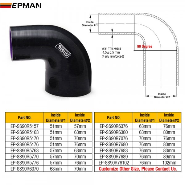 Epman 90degree 4 Ply Silicone 90 Degree Elbow Reducer Hose Black Ep Ss90r 1971